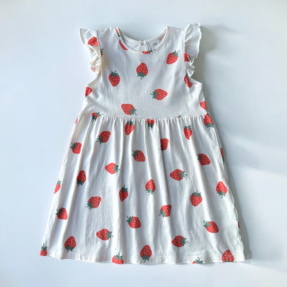 H&M Ruffle Trimmed Strawberry Print Dress, Size 4T, Creme